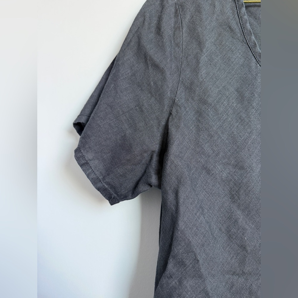 Flax Tunic Top Large 100% Linen Textured Cross Over Hem Short Sleeve Black - Picture 5 of 8